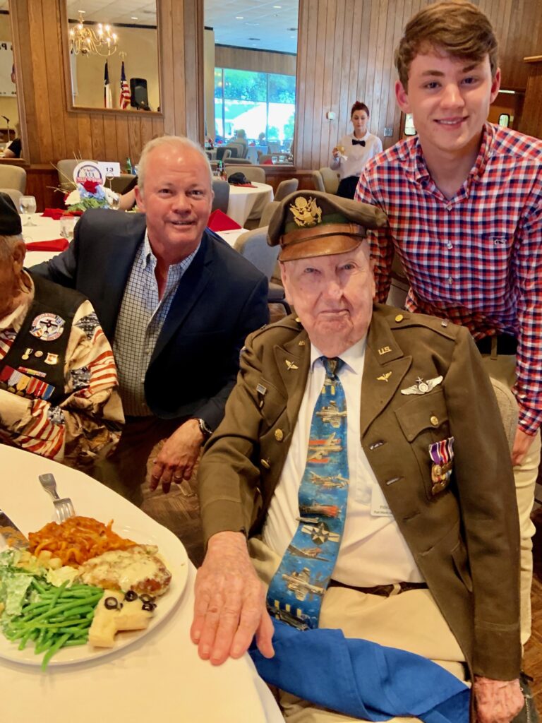 2019 Winner of the Navarro-Garcia Patriots Award Fiske Hanley WW2 Combat Vet is congratulated by Matthew S